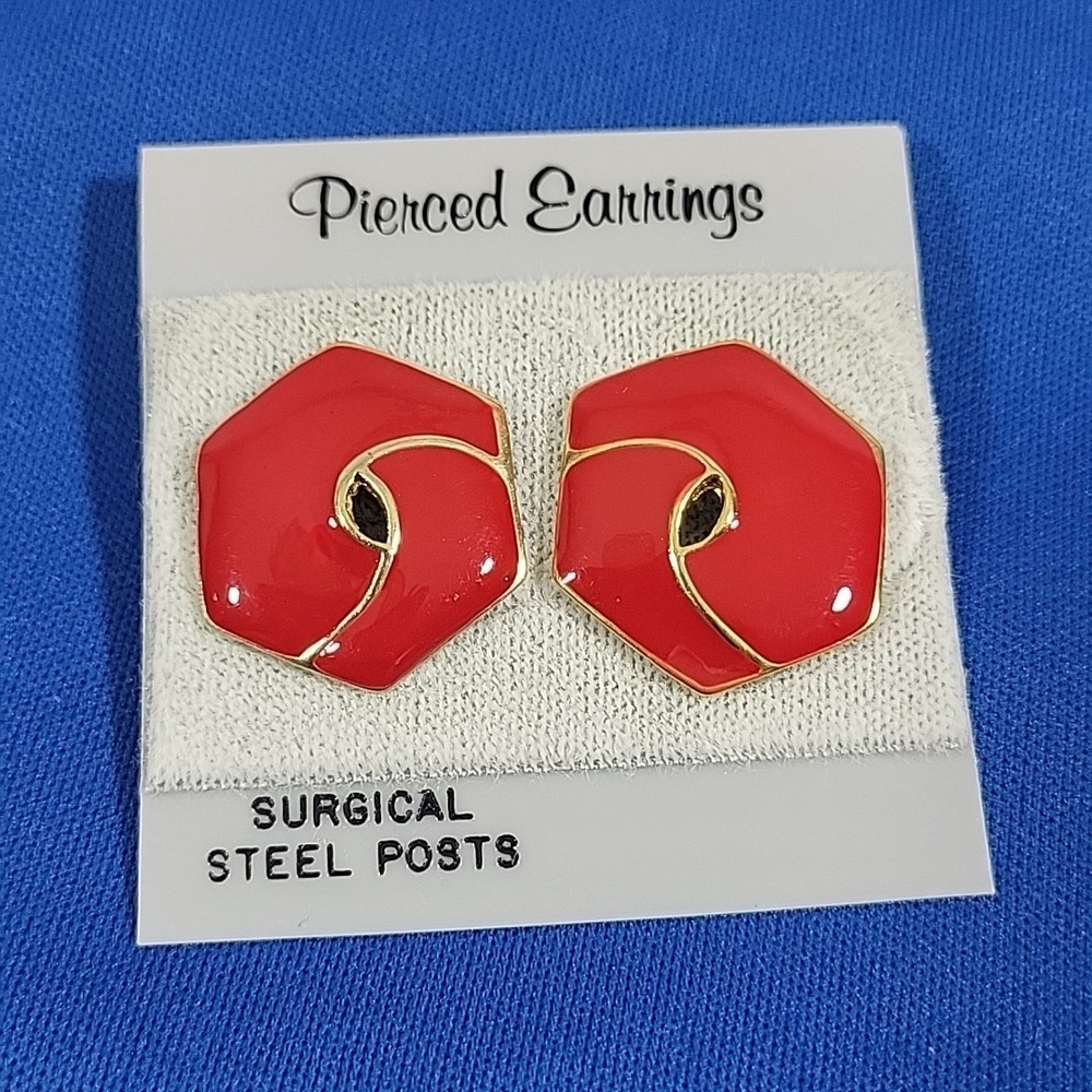 Vintage Earrings Red Enamel Hexagon Swirl Posts Art‎ Deco Statement NOS
